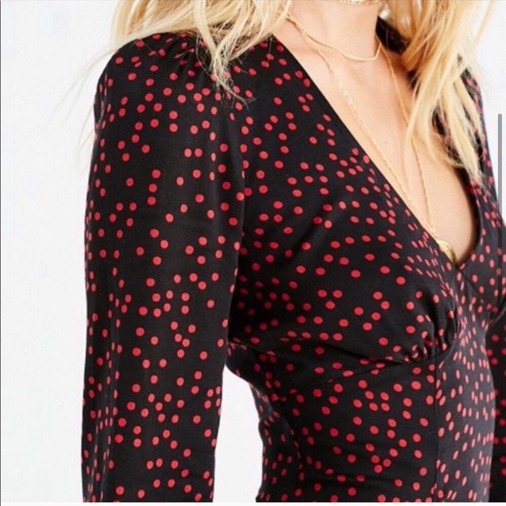 U.O Mini Long Sleeve Black Dress w Red Polka Dots